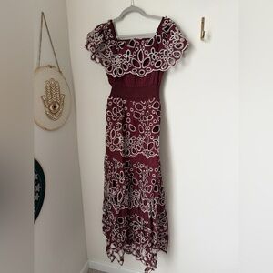 Solitaire Burgundy off shoulder maxi Lace Dress